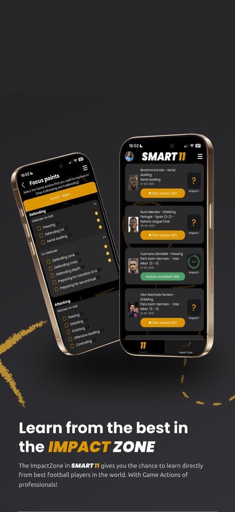 Smart11 - Interfaz de la aplicación Smart11 que muestra puntos de enfoque táctico de fútbol y análisis de jugadores profesionales en la Zona de Impacto