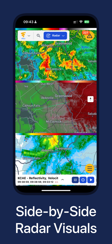 WeatherWise.app - Aplicación móvil WeatherWise que muestra visualizaciones de radar triples con datos de reflectividad y velocidad
