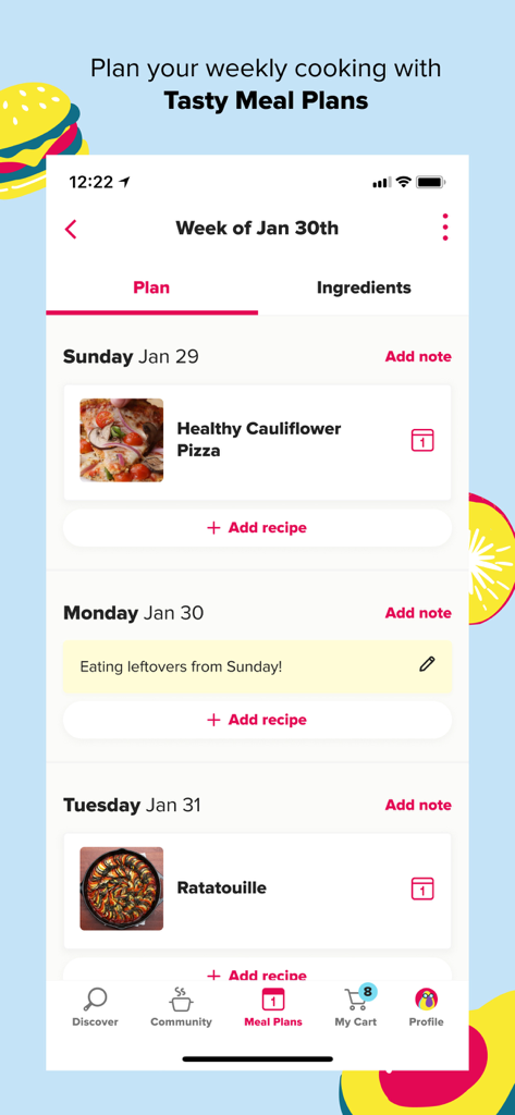 Die Benutzeroberfläche der Tasty-App zeigt einen Wochenessensplan mit Rezepten wie Blumenkohlpizza und Ratatouille.