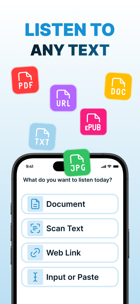 Lisy AI: Text to Speech - Lisy AI mobile app interface showing options to listen to documents, scan text, web links, and pasted text.