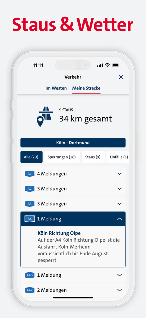 WDR 2 app interface showing real-time traffic updates and motorway reports for German roads
