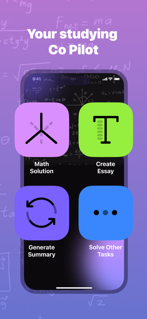 A mobile app interface titled Your studying Co Pilot showing icons for math solutions essay creation and summaries