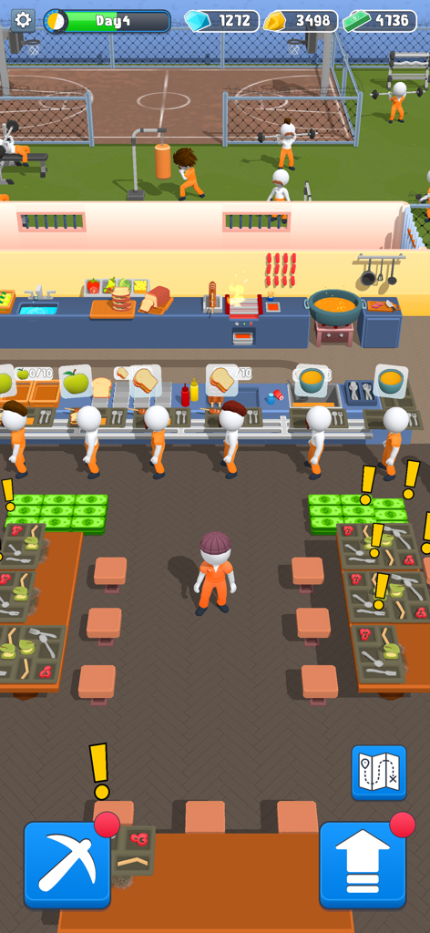 Prison Break-Out - Captura de pantalla del juego de Prison Break-Out que muestra a un prisionero en una cafetería con un patio exterior al fondo