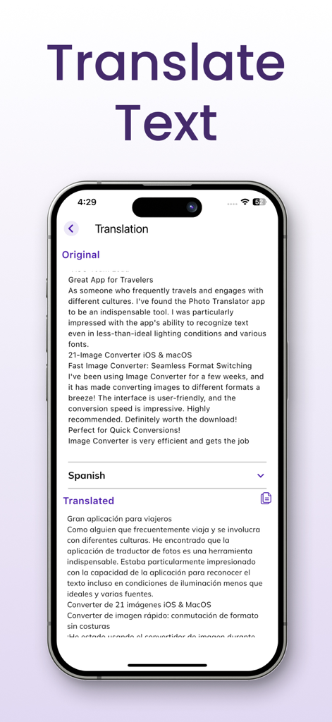 Text Scanner OCR App: OCR Scan - A mobile screen showing the translation feature of the Text Scanner OCR app with text converted from English to Spanish.
