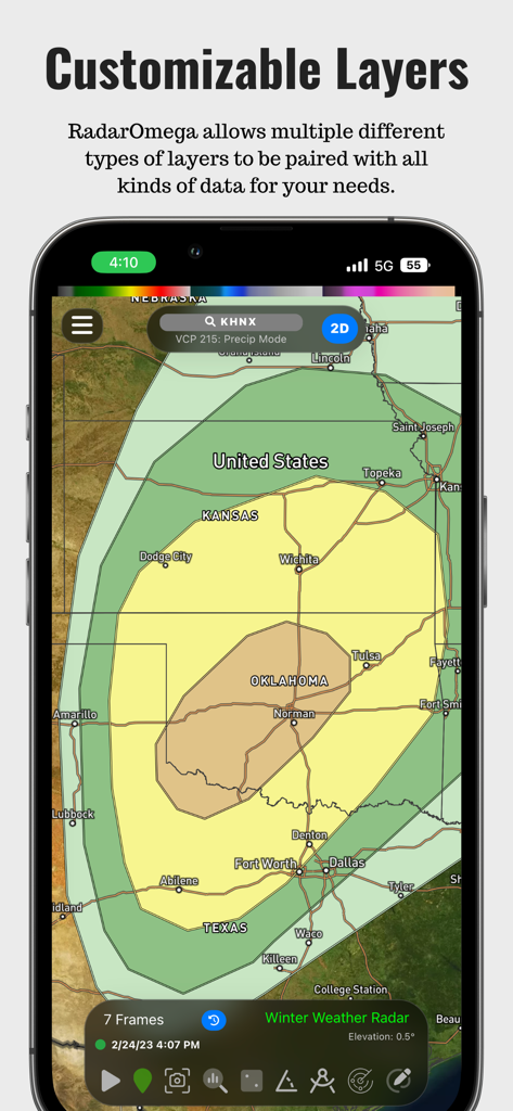 RadarOmega - RadarOmega smartphone app interface showing customizable weather data layers over a map of the United States