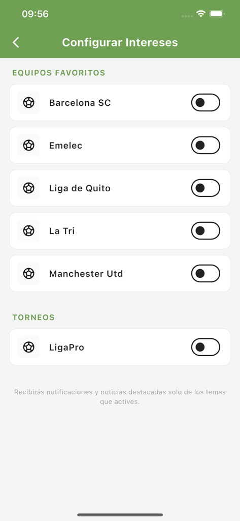 StudioFutbol - Écran des paramètres de l'application StudioFutbol pour sélectionner les équipes et les ligues de football préférées.