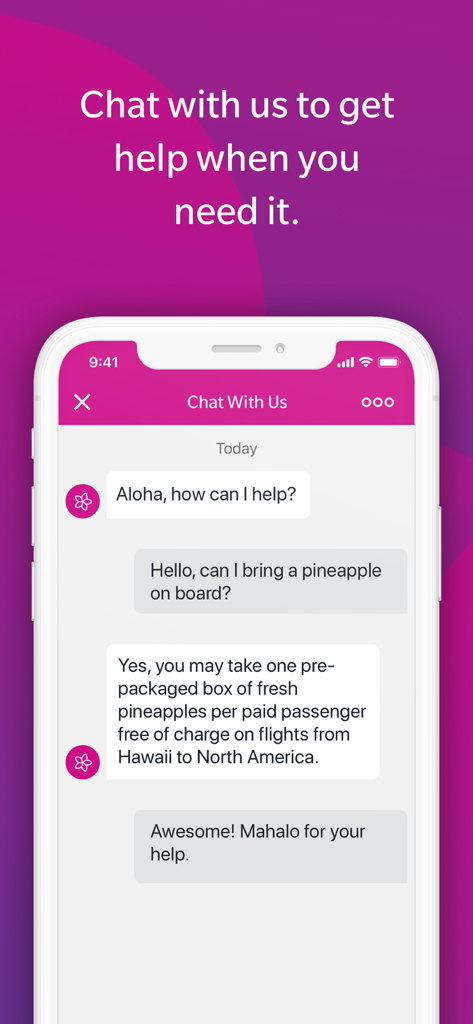 하와이안 항공 모바일 앱에서 고객 지원 대화를 보여주는 인앱 채팅 인터페이스