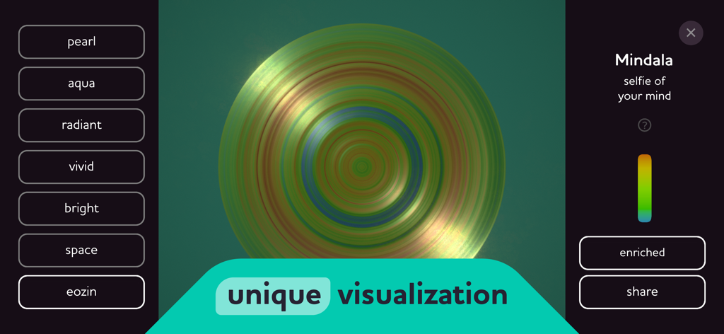 Semse Aware: Be Present Now - Uma visualização circular iridescente de Mindala representando dados cerebrais na interface do aplicativo Semse Aware.