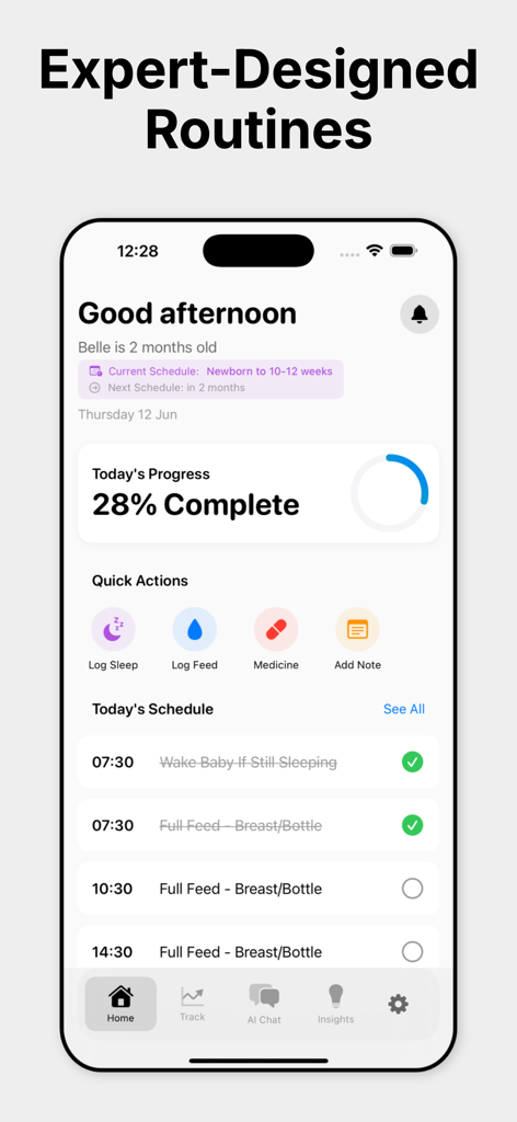 Nurtura: Baby Tracker - Nurtura app home screen showing expert baby routines and daily progress tracking