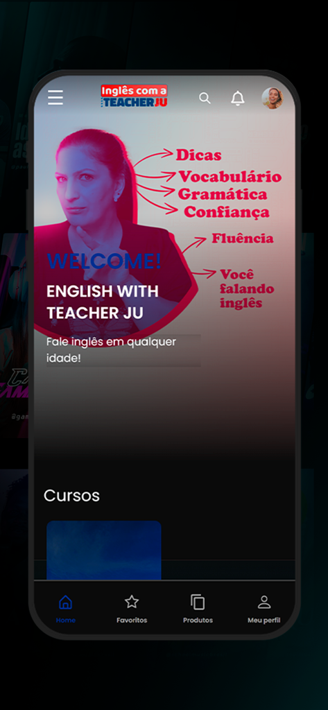 Teacher Ju English - Tela inicial do aplicativo Teacher Ju English apresentando um banner de boas-vindas para aprendizes de idiomas idosos.