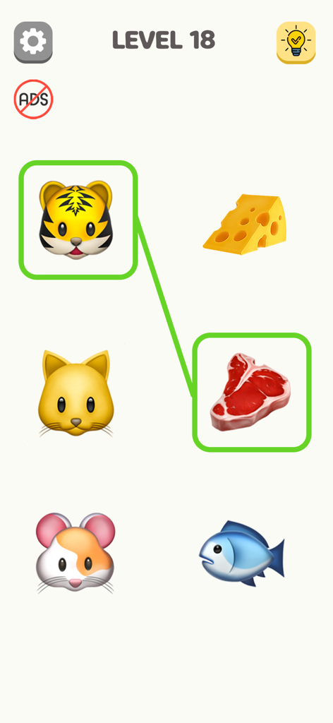 Emoji Puzzle - Fun Emoji Game - Gameplay screenshot of Emoji Puzzle level 18 showing a tiger emoji matched with a steak