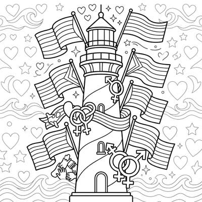 Celebrate love, diversity, and community with this vibrant Pride Lighthouse coloring page. Adorned with rainbow flags and symbols, it's a perfect way to express your support during Pride Month.