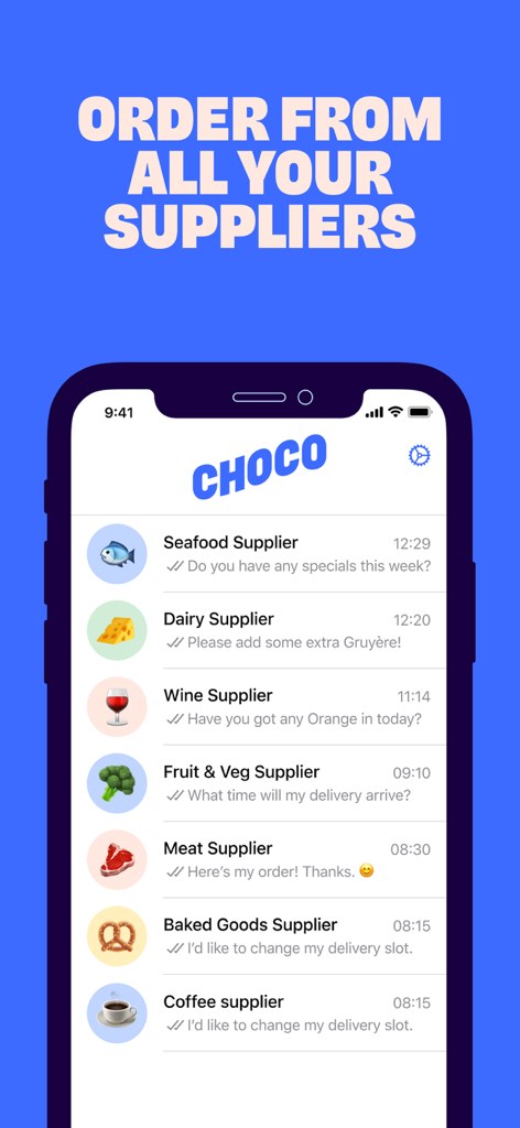 Choco - Choco app mobile interface showing a list of chat conversations with various food and beverage suppliers.