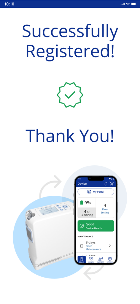 Inogen Connect Portable Oxygen - Success screen for Inogen Connect app registration showing a portable oxygen concentrator and mobile interface.