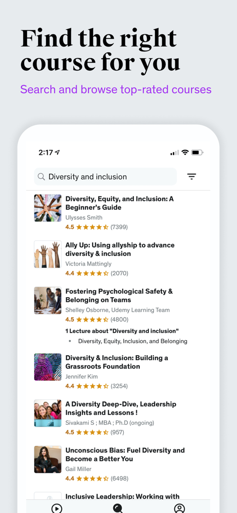 Udemy Government mobile app displaying search results for Diversity and Inclusion courses.