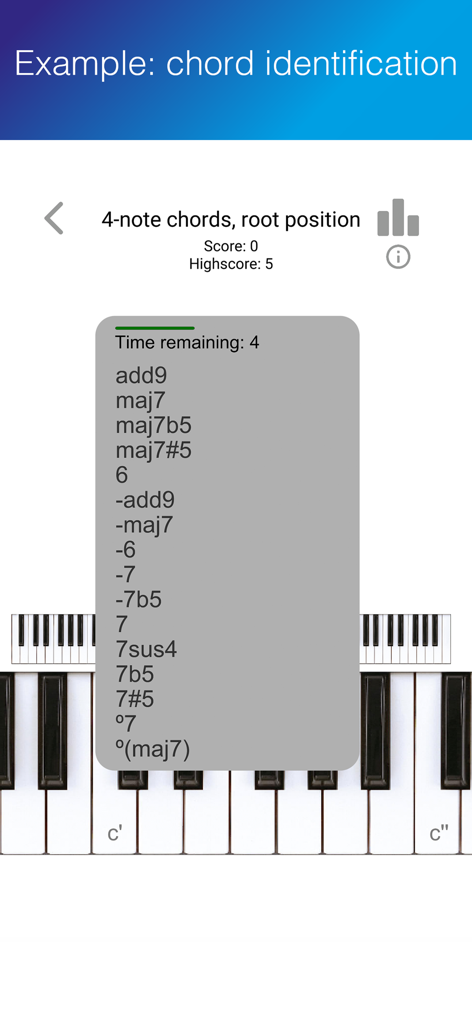 ET - Ear Trainer - Ejercicio de identificación de acordes de cuatro notas en la aplicación ET Ear Trainer