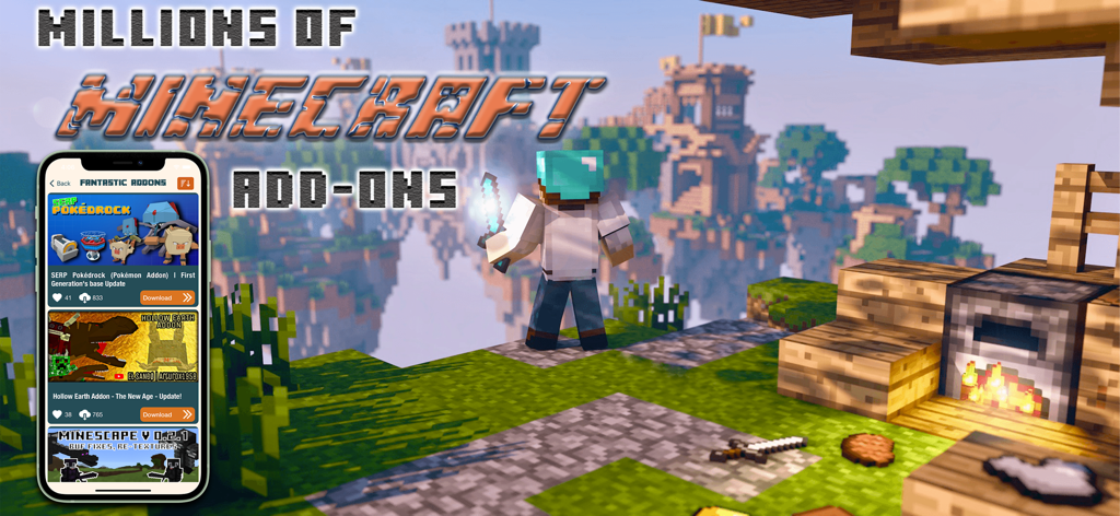 Minecraft character standing in a digital landscape next to a smartphone displaying various game addons and mods