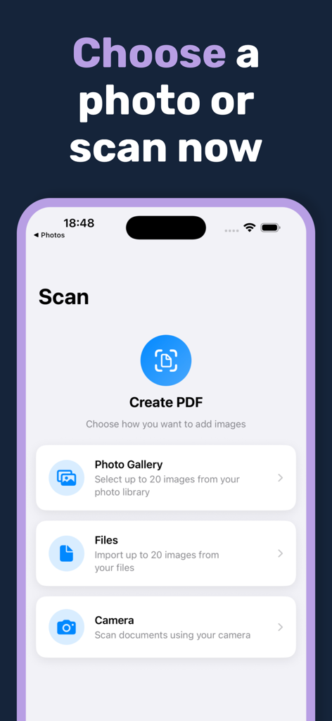 PDFio app interface showing options to select photos from gallery files or camera for PDF conversion