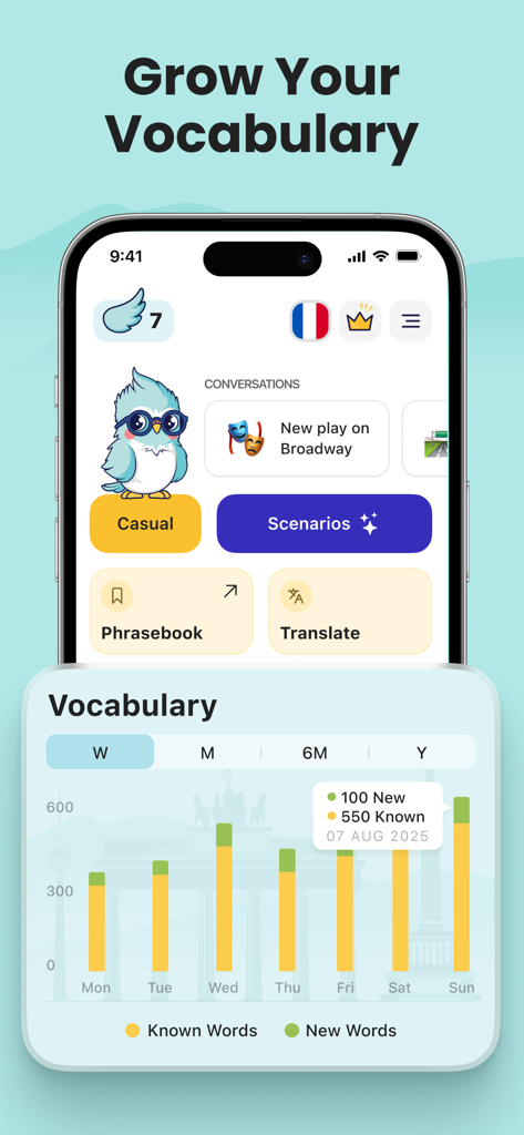 Kippy AI language learning app dashboard showing vocabulary growth statistics and conversation scenarios