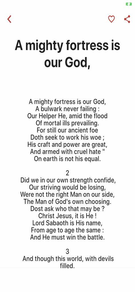 Sacred Songs and Solos - Display of the hymn lyrics for A Mighty Fortress is our God in the Sacred Songs and Solos app.