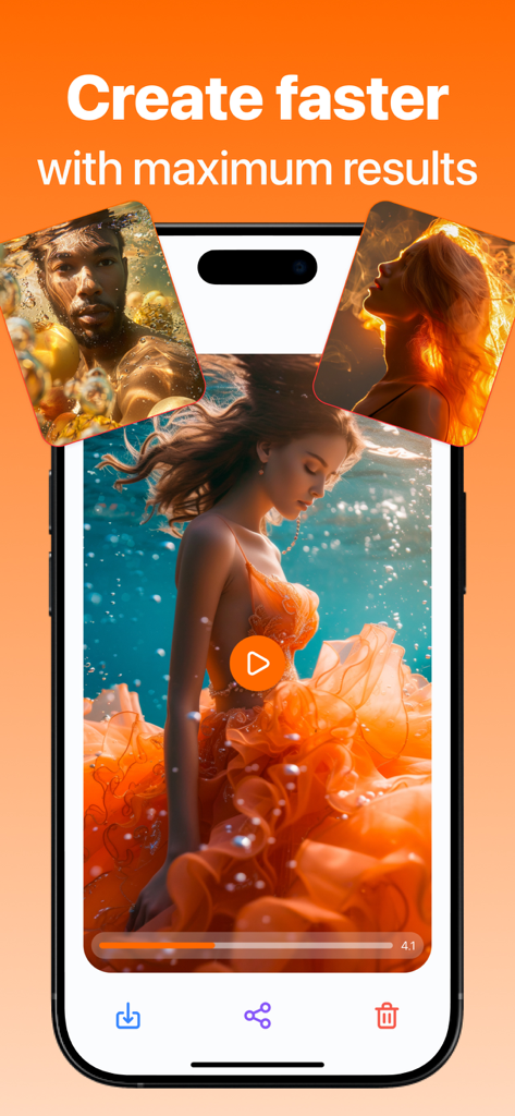 FlashLoop AI: Video Maker - Smartphone screen showing FlashLoop AI app interface with cinematic AI generated videos and the text Create faster with maximum results