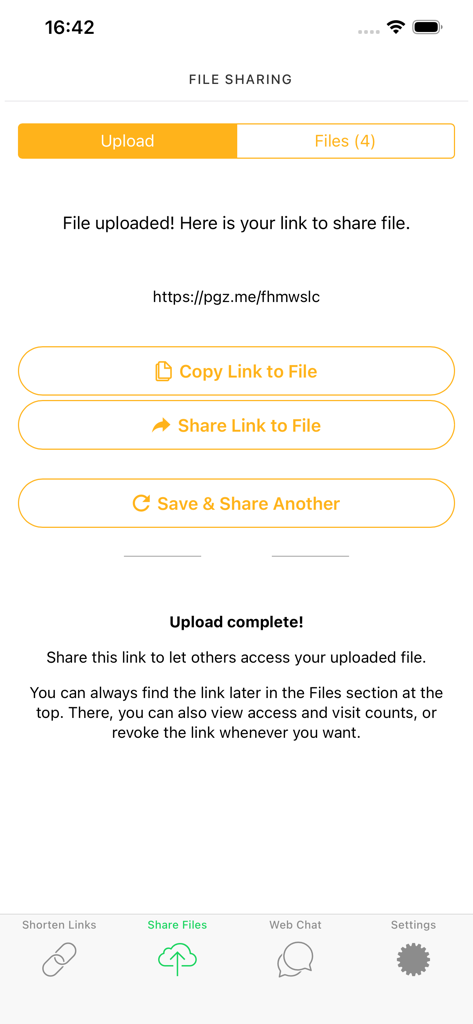 Interface showing a successful file upload and the generated short link for lossless sharing in the Web Dual app
