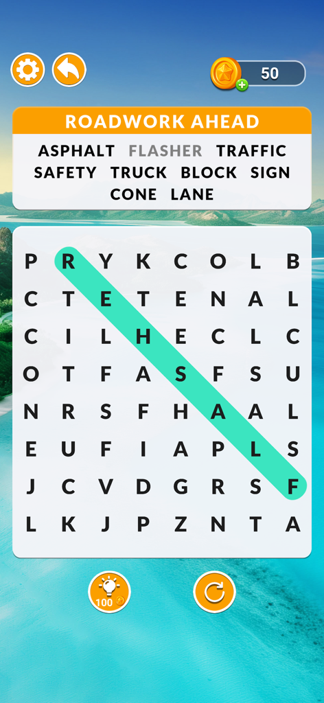 Word Search Puzzle - Scenery - Una captura de pantalla del juego de Sopa de Letras Paisajes con una cuadrícula de letras sobre un fondo de playa tropical con un tema de 'Obras en Carretera'.