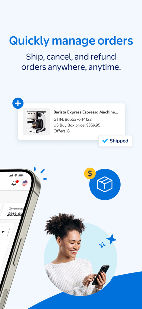 Walmart Seller app interface displaying order management and shipping status