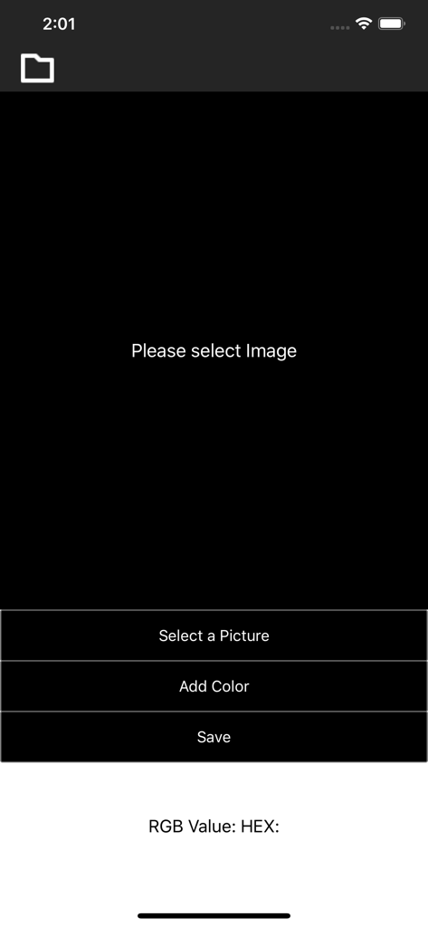 iDrop 앱의 메인 인터페이스로, 사진 선택 및 Hex 추출을 위한 색상 추가 버튼 표시