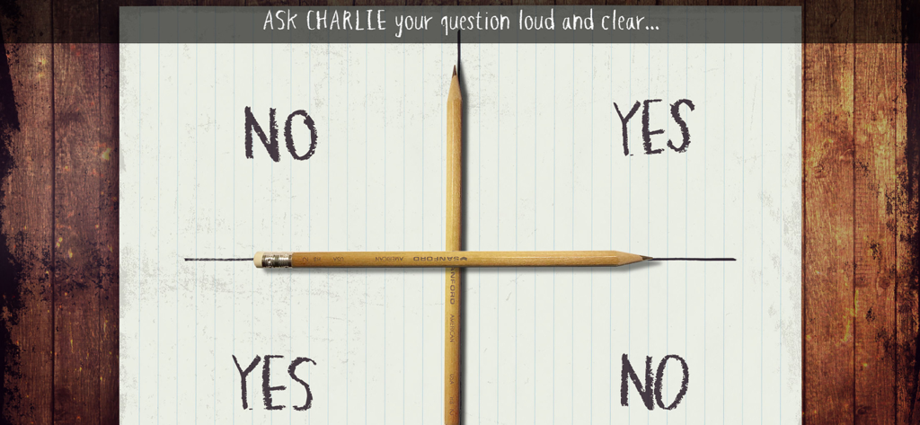 Charlie Charlie Challenge interface showing crossed pencils on a yes and no paper grid