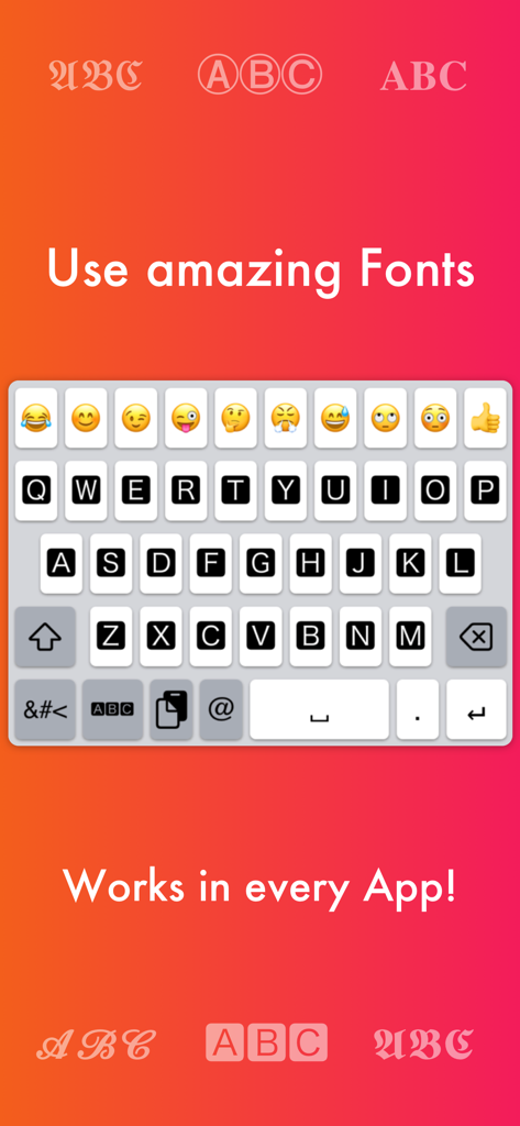 MyKeyboard - Custom Keyboard - Custom keyboard interface showing various font styles and emoji options for iOS