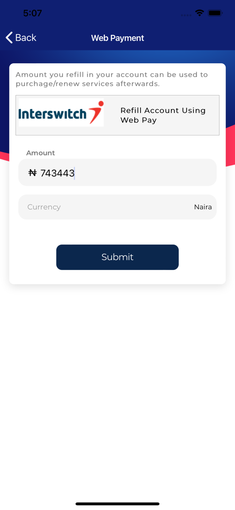 Spectranet Selfcare APP - Spectranet Selfcare App web payment screen for refilling an account using Interswitch Web Pay in Naira.