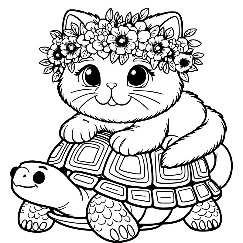 a realistic cat, wearing a flower crown, riding on top of a smiling tortoise