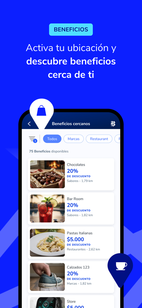 Pantalla de la aplicación Mi Banco Chile mostrando descuentos locales y ofertas promocionales.