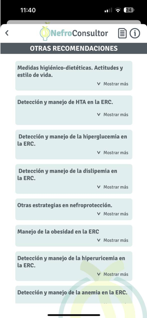 Nefroconsultor - Captura de pantalla del menú de recomendaciones clínicas en la aplicación Nefroconsultor para el manejo de la enfermedad renal crónica