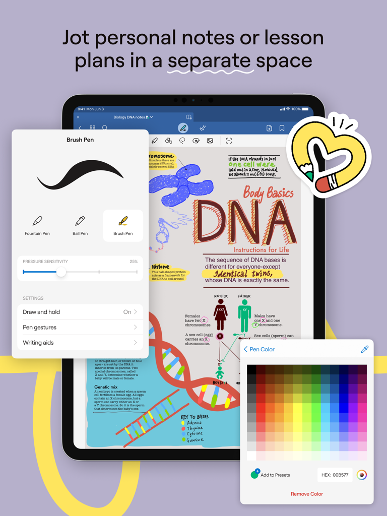 Goodnotes Classroom - Goodnotes Classroom app on iPad showing biology notes with pen settings and color palette overlays.