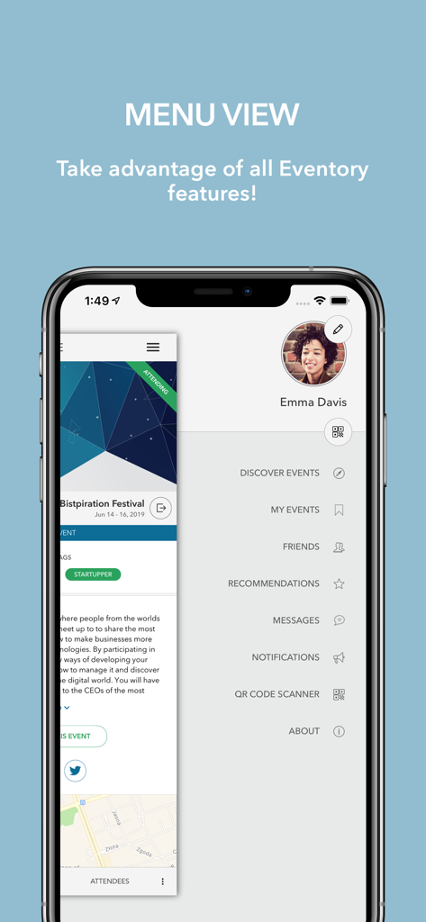 Eventory - for better events - Eventory mobile app side menu showing user profile and navigation options for events and networking