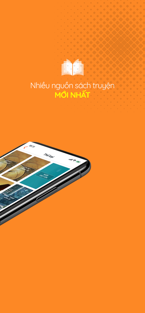 A smartphone displaying the book category menu in the Tea Book app against an orange background with Vietnamese text