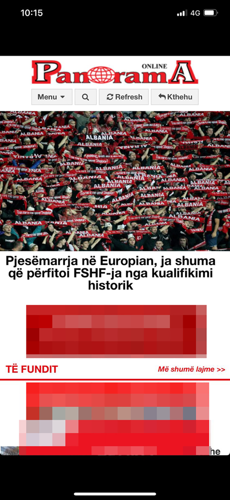 Gazeta Panorama news app displaying an article about the Albanian football team and fans