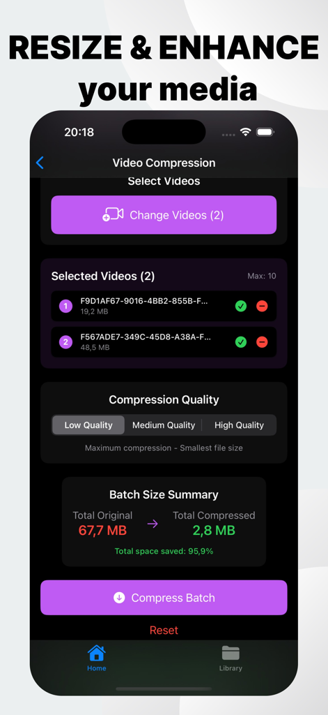 CompressX app interface showing batch video compression from 67.7 MB to 2.8 MB with ninety-five percent space saved.