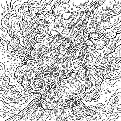 Witness nature's raw power with this intricate adult coloring page featuring dramatic volcanic lightning. Immerse yourself in a complex scene of an erupting volcano, swirling ash, and powerful electrical discharges.