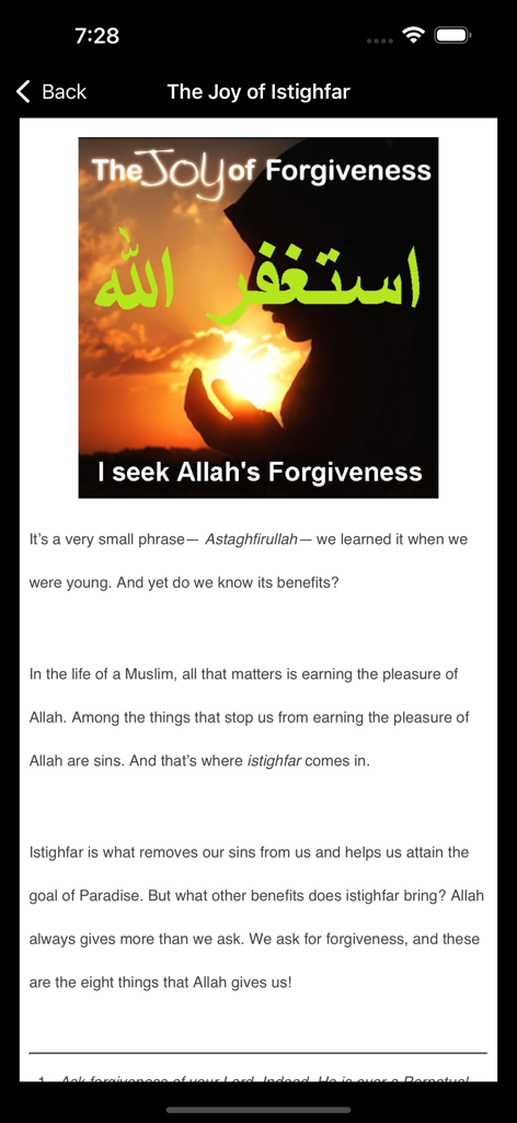 Mobile App-Bildschirm, der den Artikel Joy of Istighfar zeigt, der die spirituellen Vorteile des Bitten um Vergebung im Islam erklärt