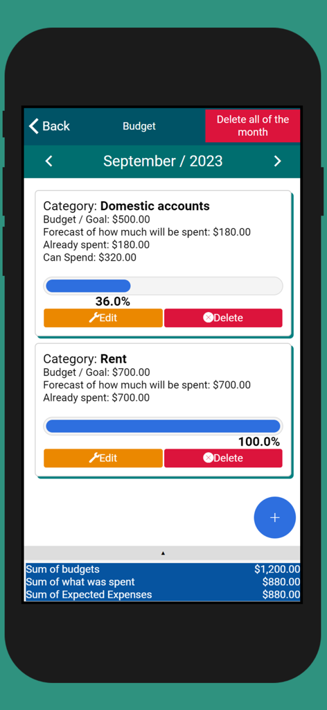 Easy Money Manager - Budgetbildschirm der Easy Money Manager App, der monatliche Ausgabenkategorien für Miete und Haushaltskonten mit Fortschrittsbalken anzeigt