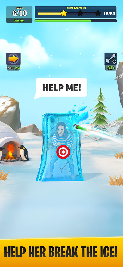 Capture d'écran d'un jeu de tir à l'arc 3D montrant une flèche tirée sur une cible pour libérer un personnage de la glace dans un niveau enneigé.