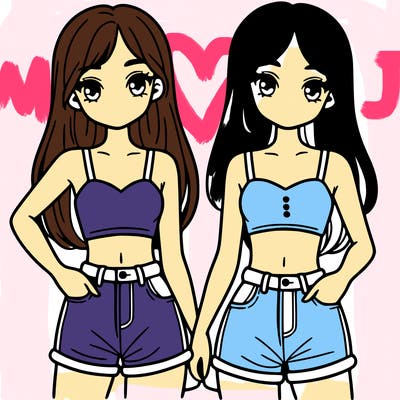 two sisters with crop tops and jean shorts and straight hair