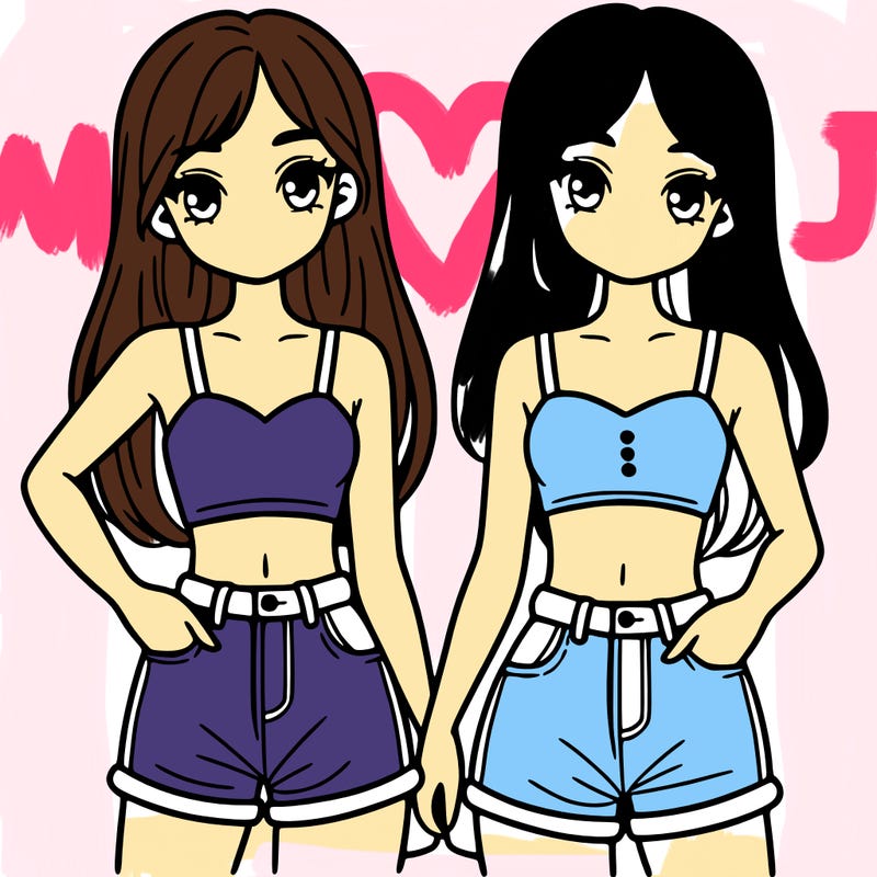two sisters with crop tops and jean shorts and straight hair