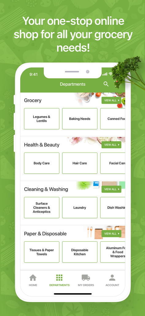 Una captura de pantalla de la aplicación Danube que muestra varios departamentos de compras, incluidos comestibles, salud y belleza, y productos de limpieza.