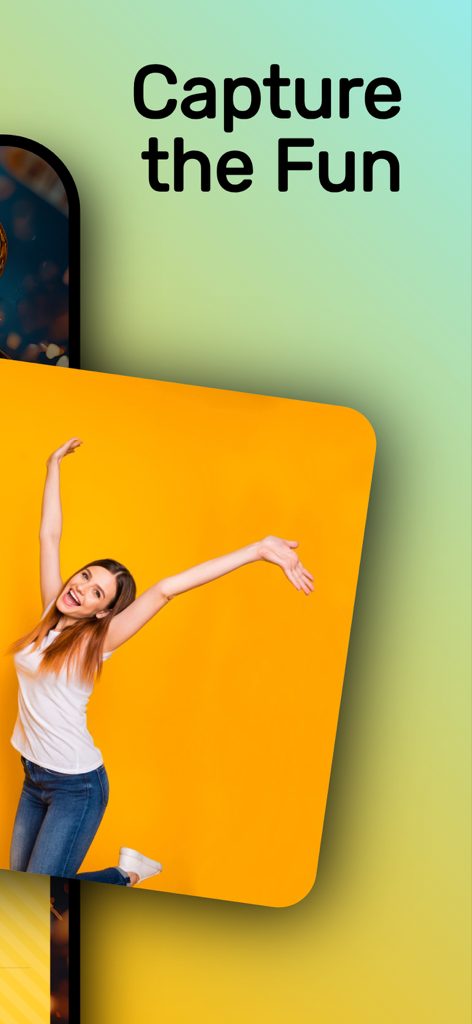 Hands Up! Charades Headbands - A happy young woman jumping with joy on a yellow background with the text Capture the Fun
