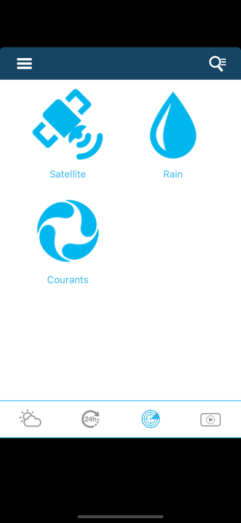UK Weather forecast - Interfaccia dell'app UK Weather forecast con opzioni di menu per pioggia satellitare e correnti.