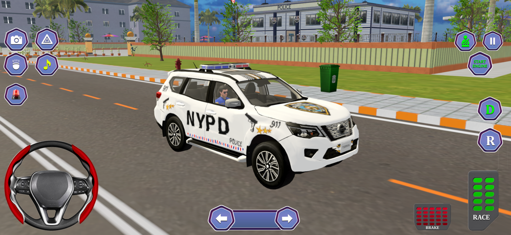 A white NYPD police SUV on a city road with mobile game steering and pedal controls